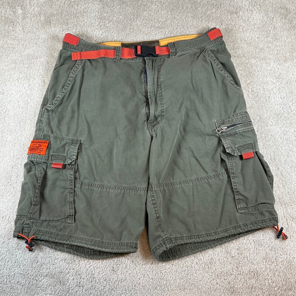 VTG Y2K Abercrombie & Fitch Cargo Paratrooper Shorts Mens M Olive Green Belted